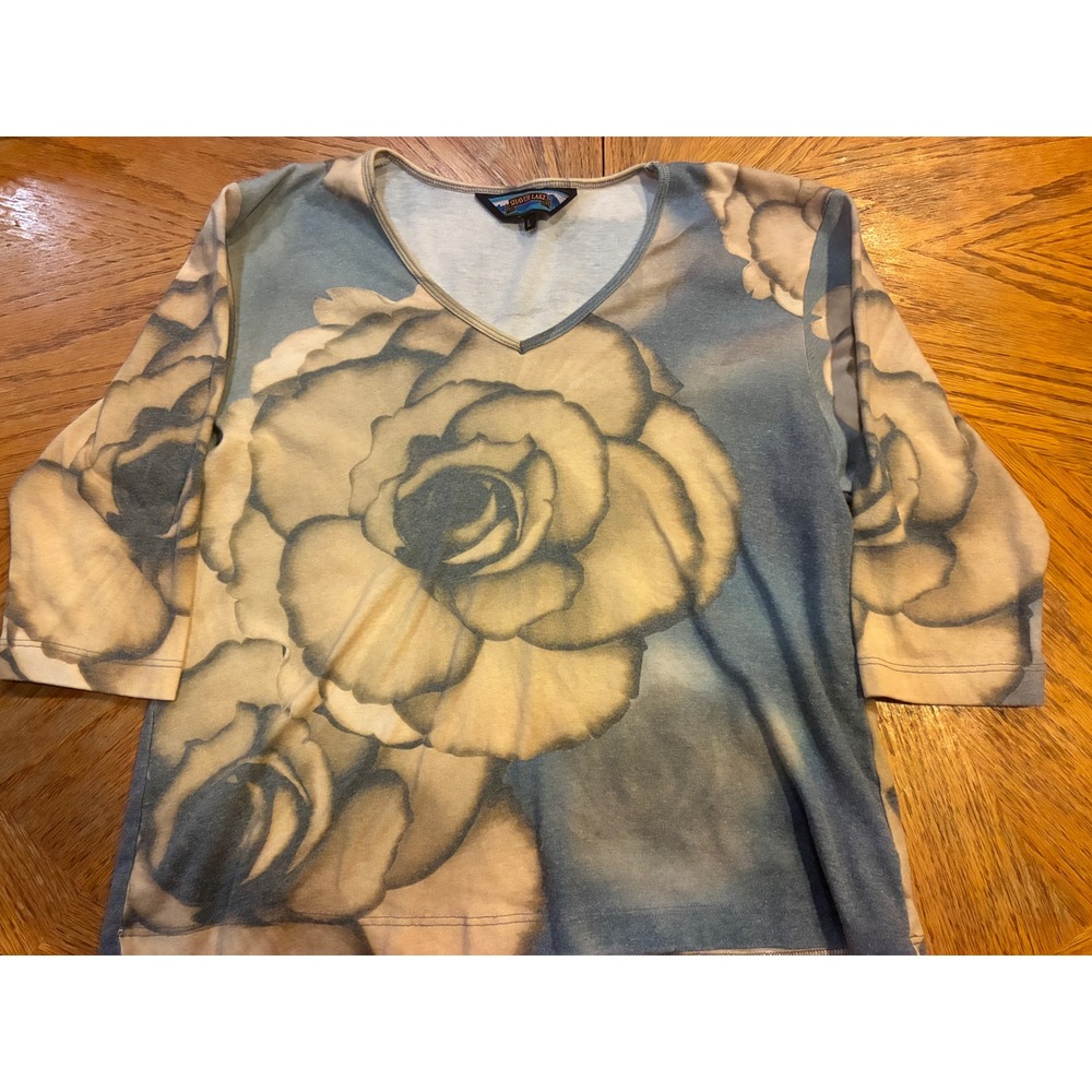 Shaver Lake Womens Blue Cream Floral Rose Print V-Neck 3/4 Sleeve Top Large USA